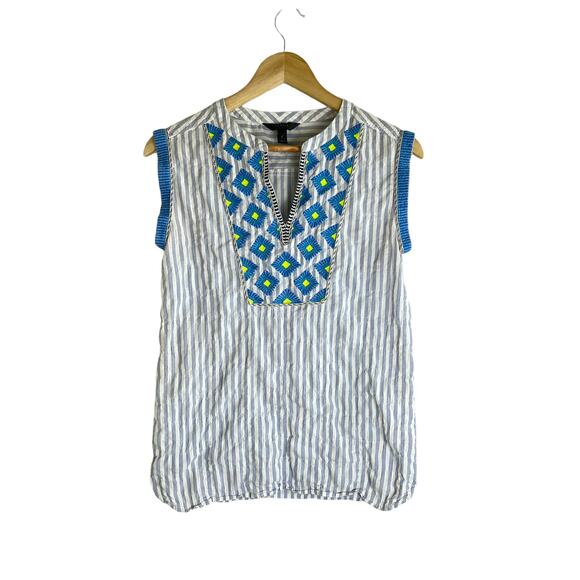 J. Crew Women's Blue Sleeveless Boho Sunburst Embroidered Crinkle Blouse Size 0 - Picture 2 of 9